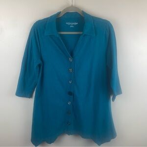 Soft Surroundings Womens Button Up Shirt Sz Medium Cotton 3/4 Sleeve Teal *Read*